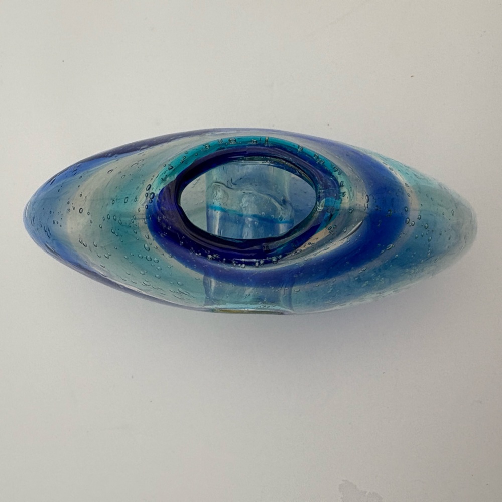 Vintage Blue and Clear Swirl Glass Donut Vase - Picture 10 of 16